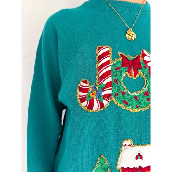 90s vintage reworked green festive holiday JOY christmas pullover sweatshirt - Picture 5 of 8